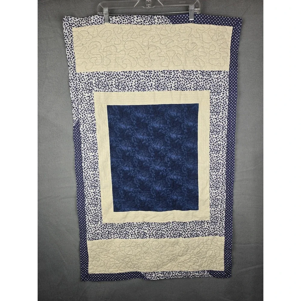 Handmade Quilt Navy Blue Patchwork Floral Script Farmhouse Decor 25x40